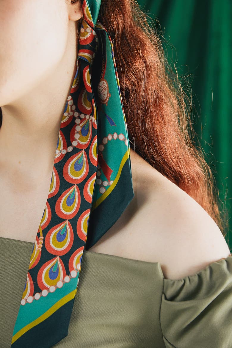 "Peacock" Silk Twill Skinny Scarf, Alternate, color, Teal Green