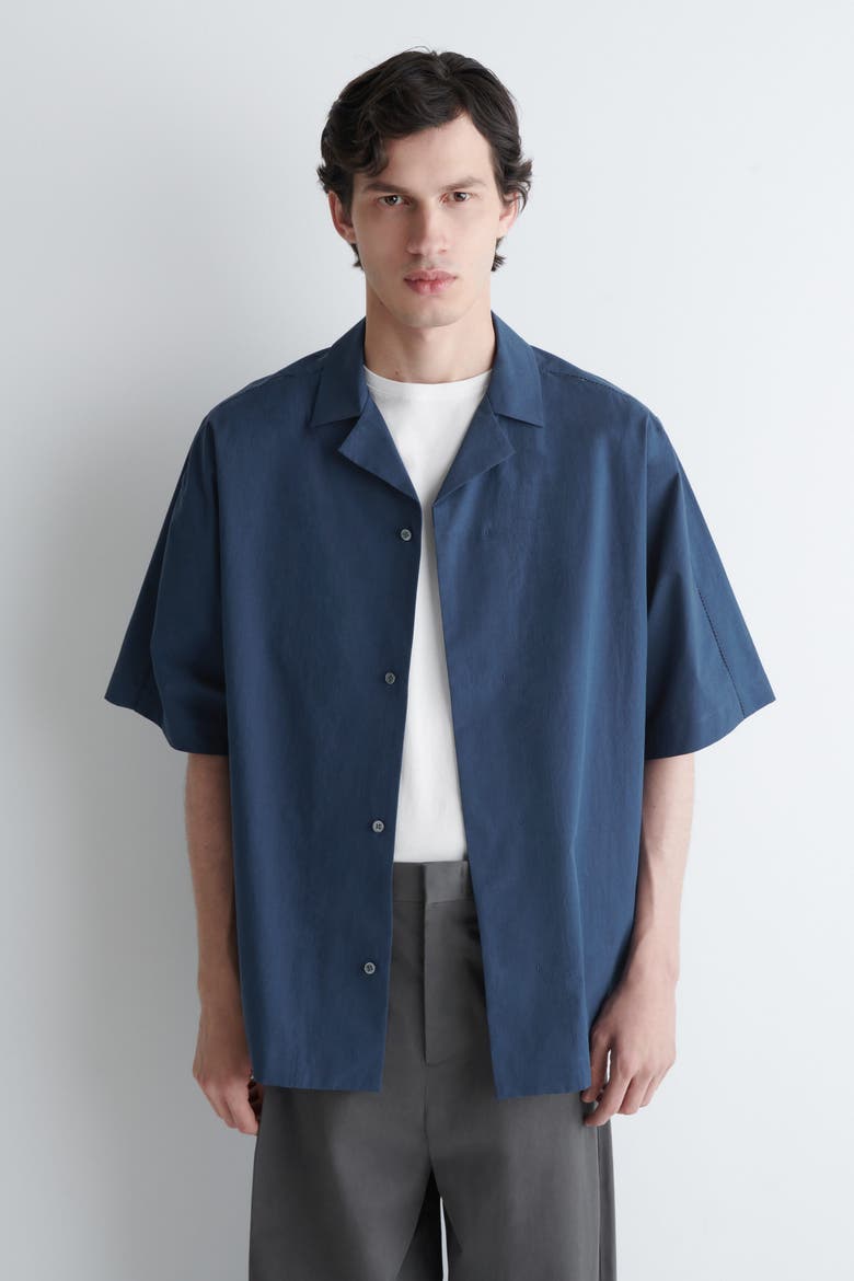 Embroidered Camp-collar Pima Cotton Shirt, Main, color, NAVY