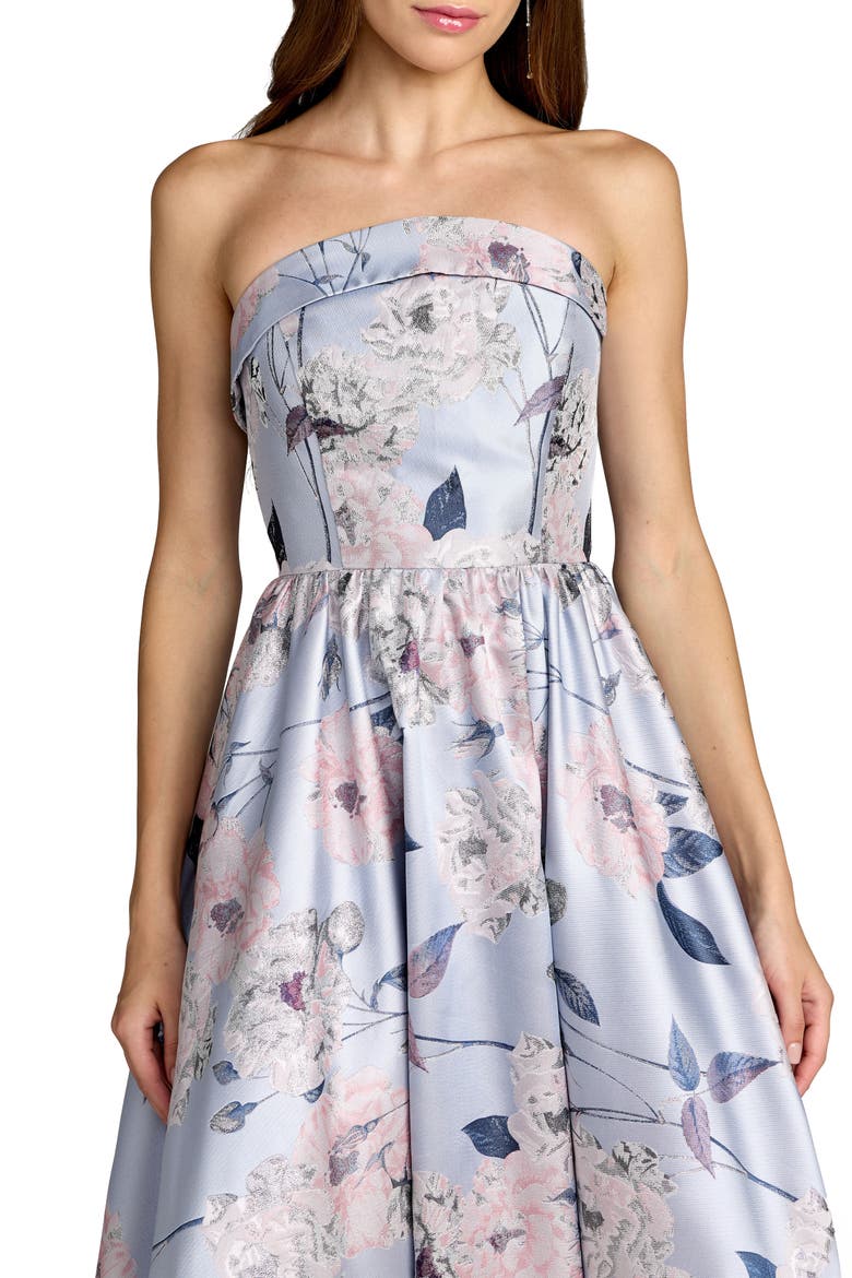 Floral Brocade Strapless A Line Ballgown, Alternate, color, Blue Multi