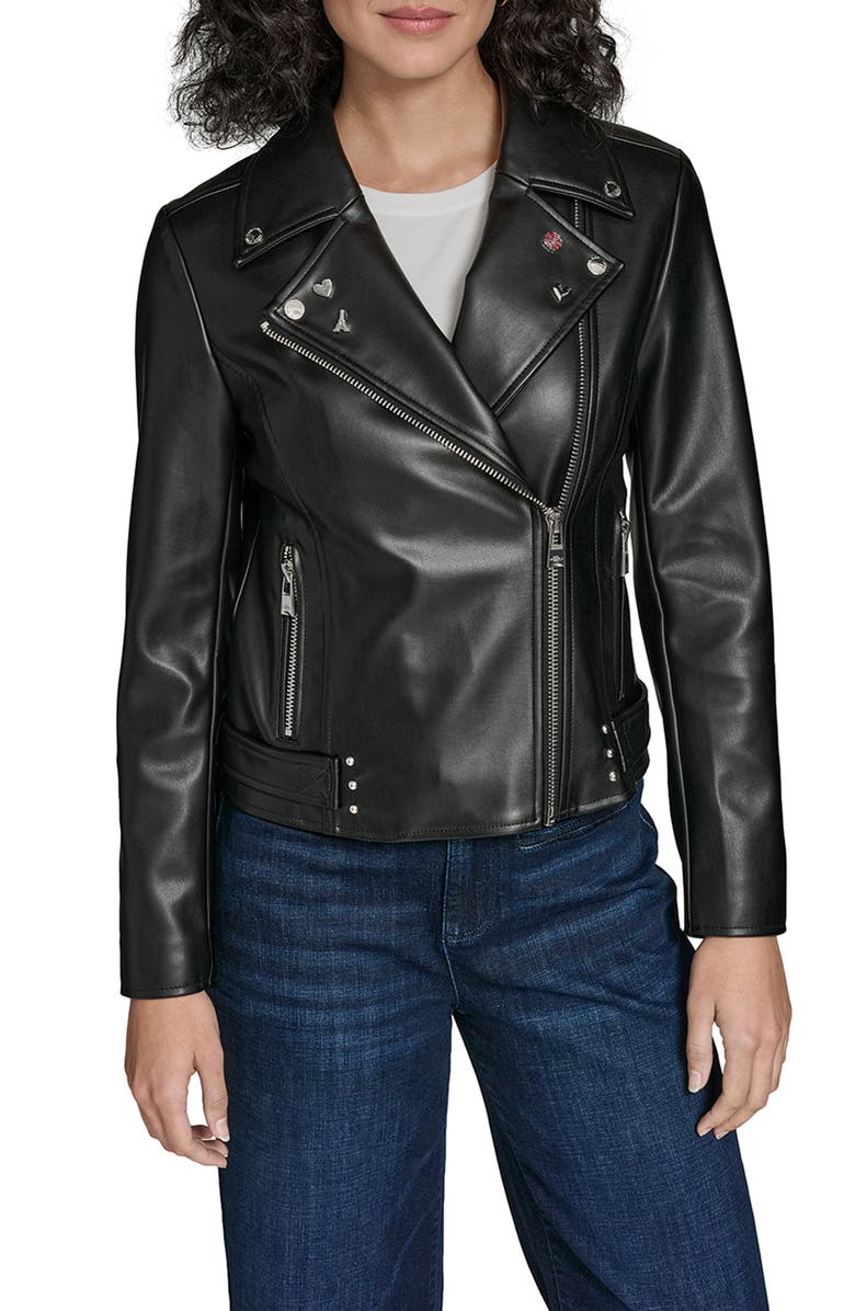 KARL LAGERFELD Moto Jacket With Charm Studs, Main, color, Black