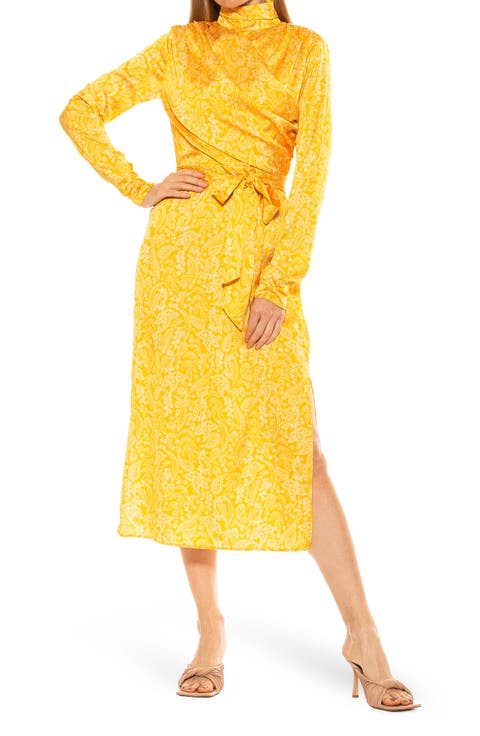 Mock Neck Long Sleeve Draped Midi Dress