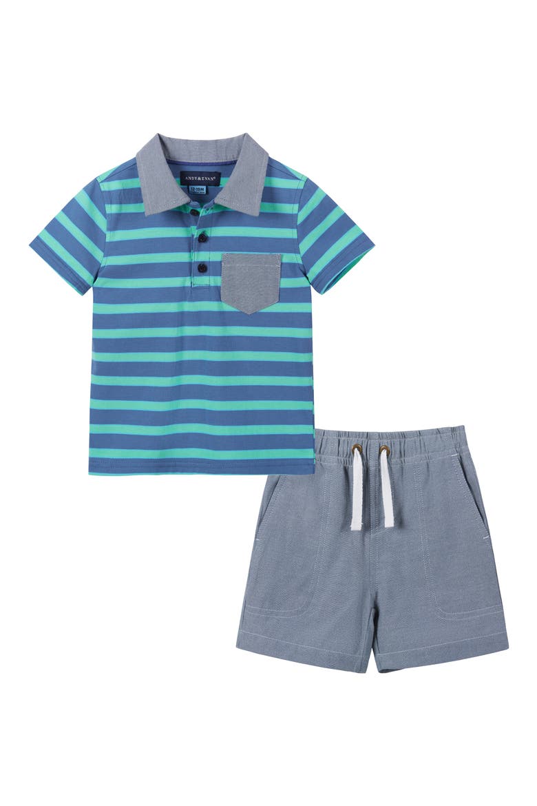 Stripe Stretch Cotton Piqué Polo & Shorts Set, Main, color, BLUE STRIPE