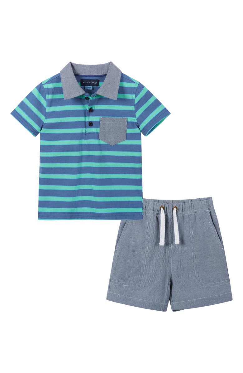 Andy & Evan Stripe Stretch Cotton Piqué Polo & Shorts Set, Main, color, Blue Stripe