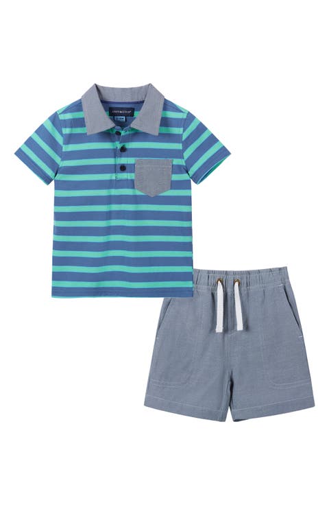 Stripe Stretch Cotton Piqué Polo & Shorts Set (Baby)