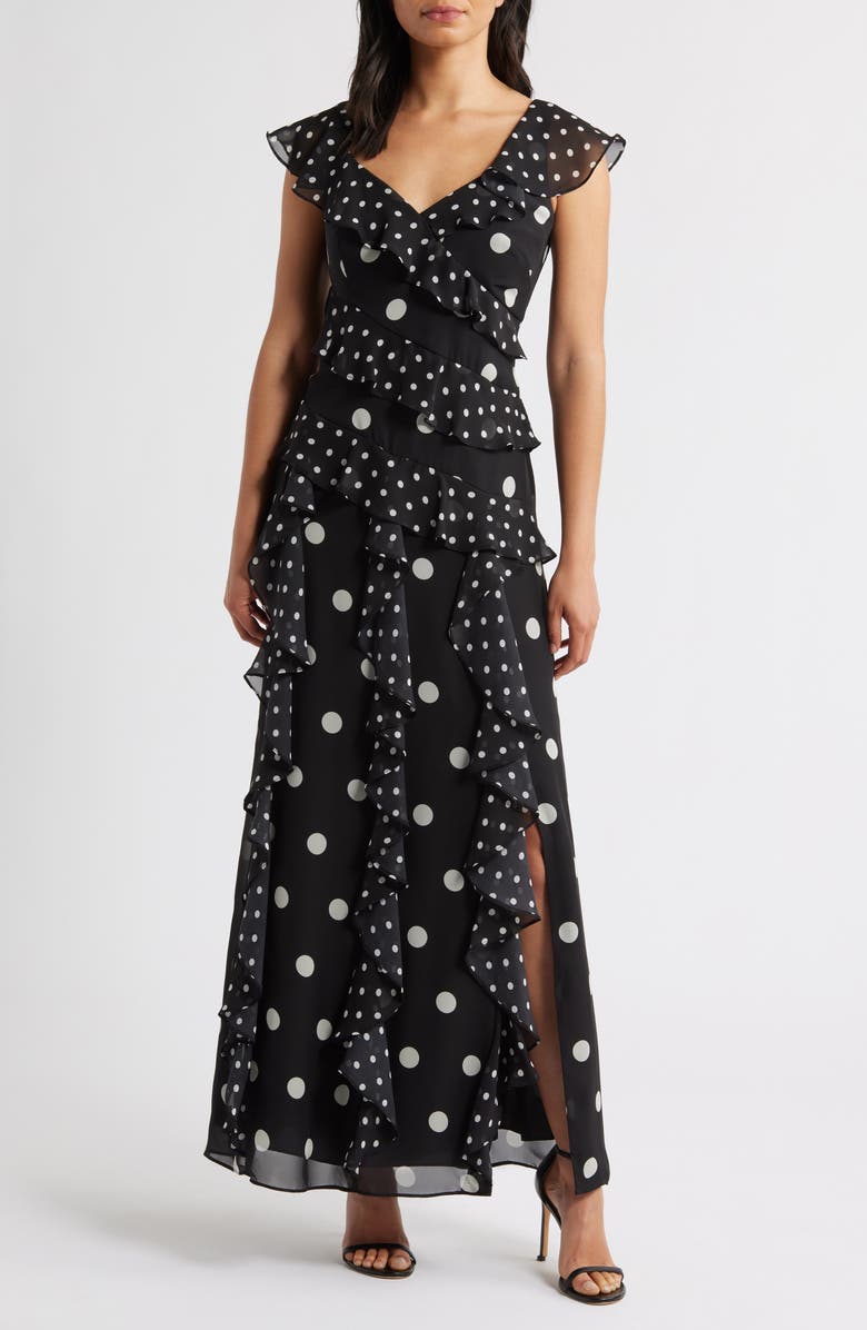 Eliza J Mixed Polka Dot Maxi Dress, Main, color, Black