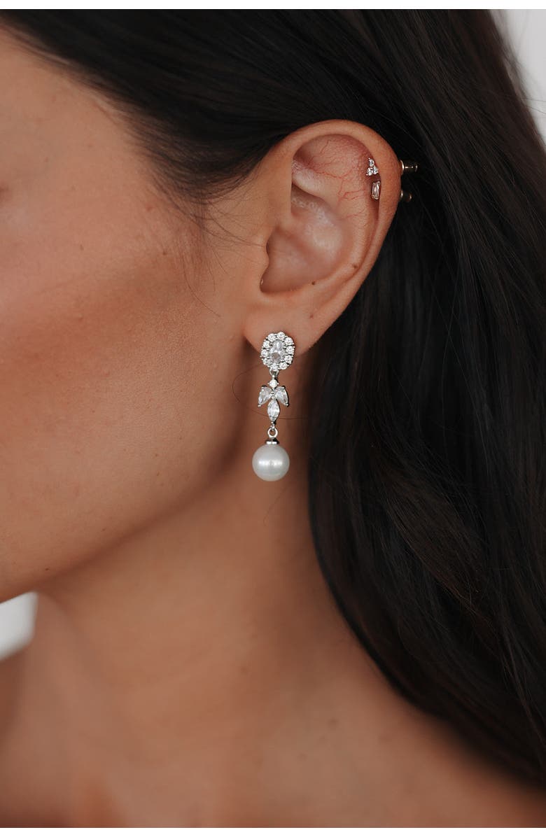 Untamed Petals Palace Pearl and Crystal Drop Earrings, Alternate, color, Silver