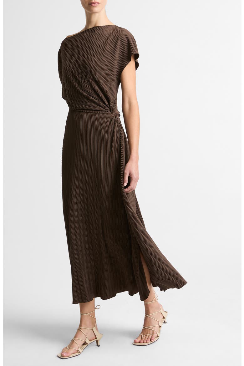 Diagonal Pleated Twist Waist Midi Dress, Alternate, color, CLOVE
