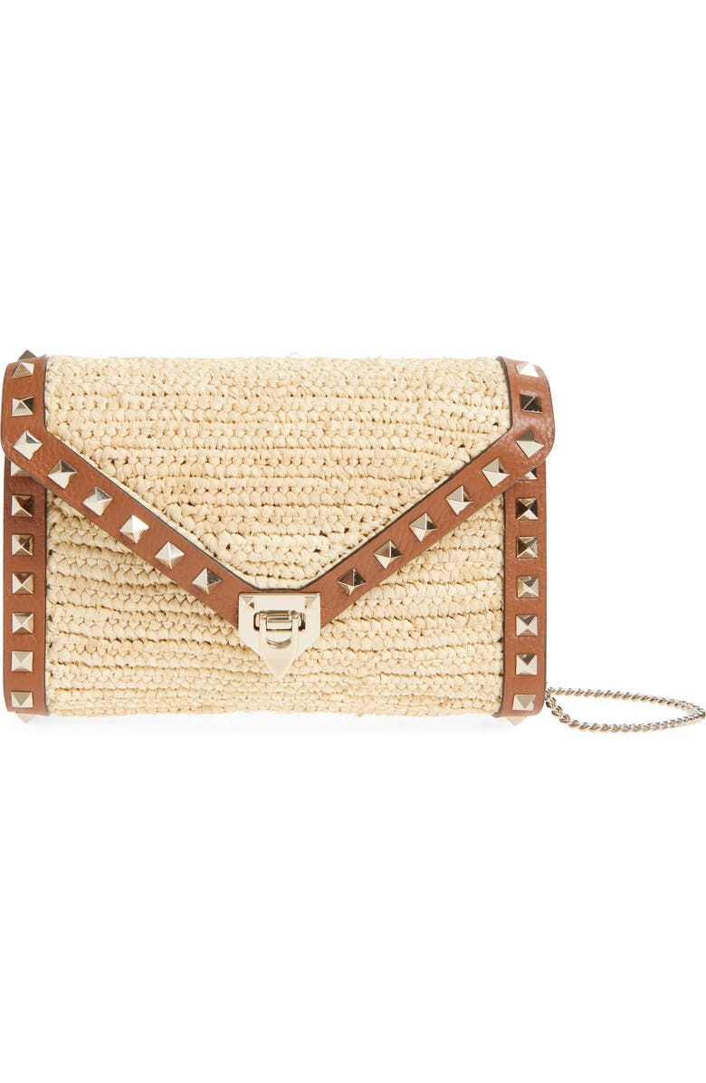 Valentino Garavani Mini Rockstud Raffia Crochet Shoulder Bag, Main, color, Natural