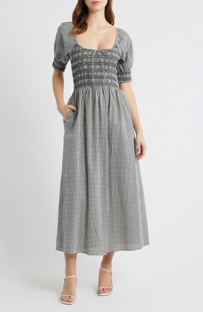 Hill House Home The Madeline Smocked Puff Sleeve Maxi Dress, Main, color, Black/ Sand Gingham