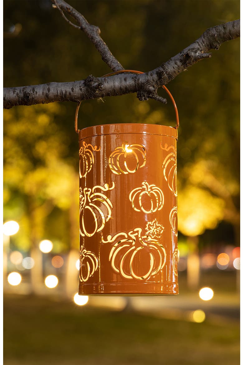 Fall Metal Pumpkin Solar Powered LED Lantern, Alternate, color, Orange