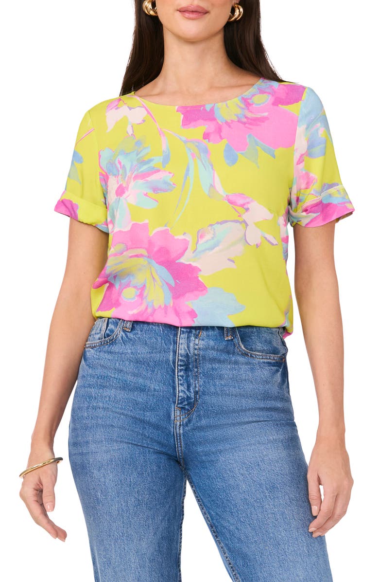 Vince Camuto Floral Print Rolled Cuff Top, Main, color, 