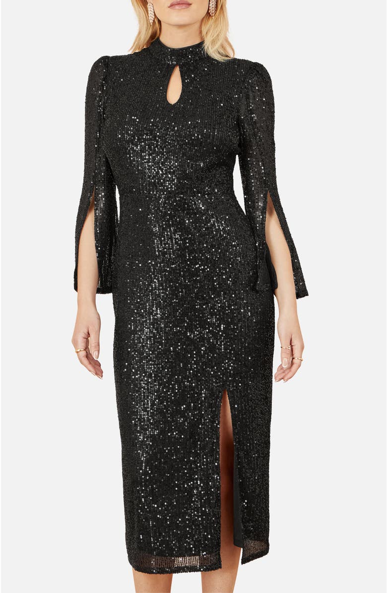 Yumi Sequin Fitted Midi Dress, Alternate, color, Black
