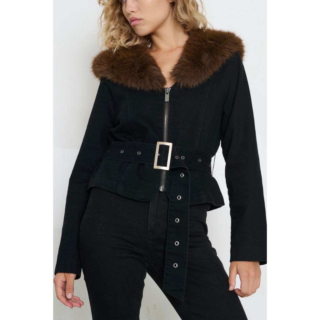 Tt Studios Carm Denim Faux Fur Jacket In Blue