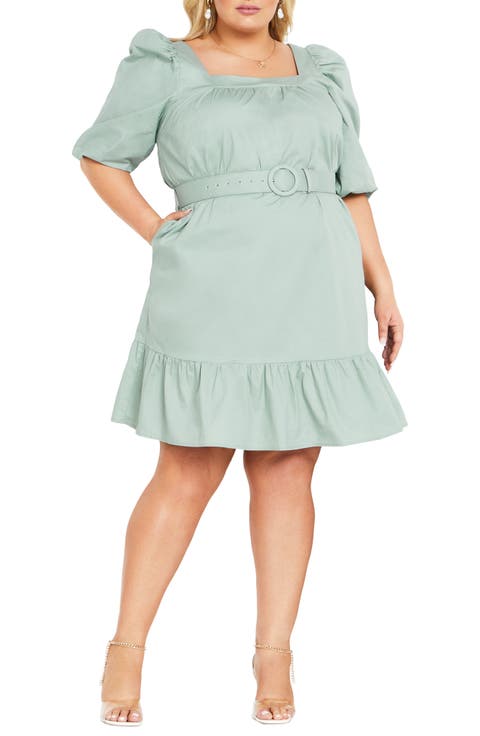 Ariya Puff Sleeve Belted Cotton Dress (Plus)
