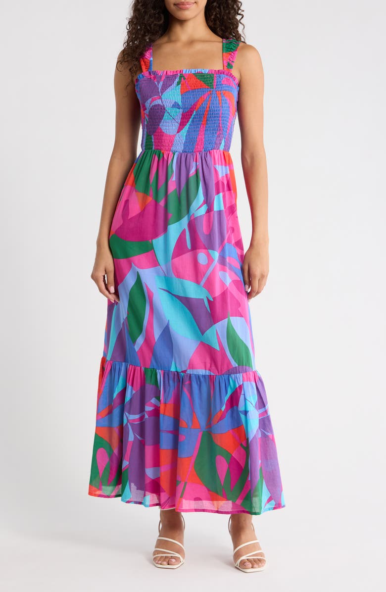 SUGARLIPS Vemmy Abstract Tayla Smocked Maxi Dress, Main, color, Magenta-Blue-Green