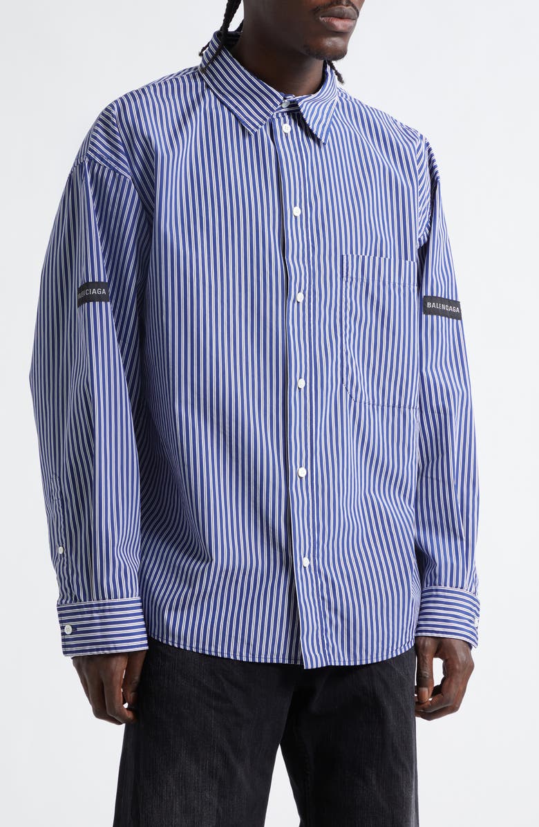 Balenciaga Oversize Stripe Cotton Blend Button-Up Shirt, Main, color, 8502 Navy/ White