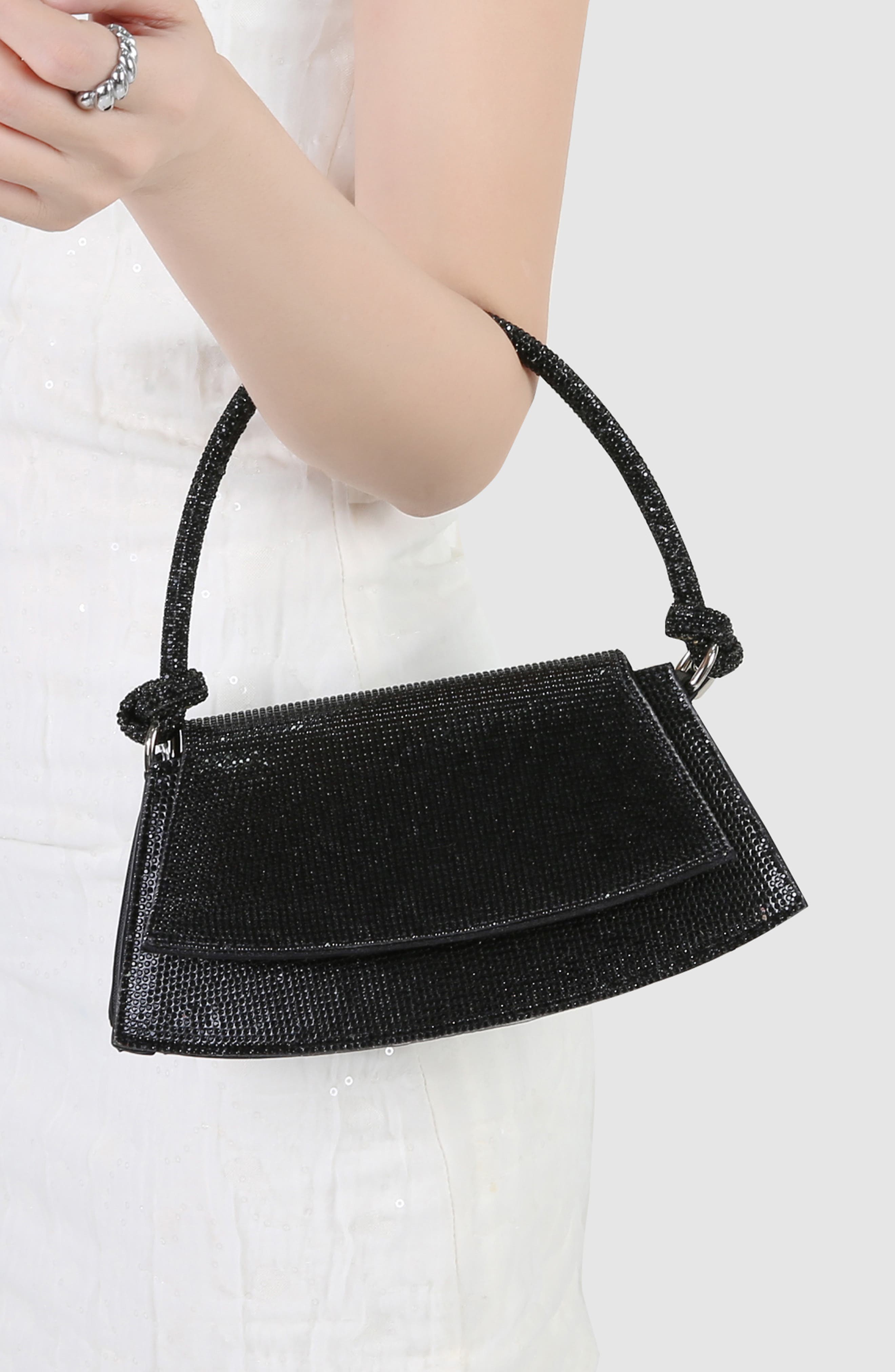 Rhinestone Curved Bottom Shoulder Bag, Alternate, color, BLACK