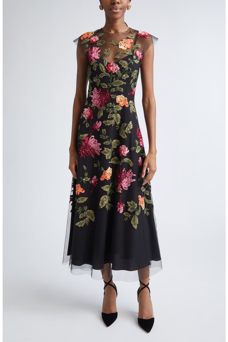 Chrysanthemum Embroidered Tulle Overlay Midi Dress, Main, color, BLACK MULTI