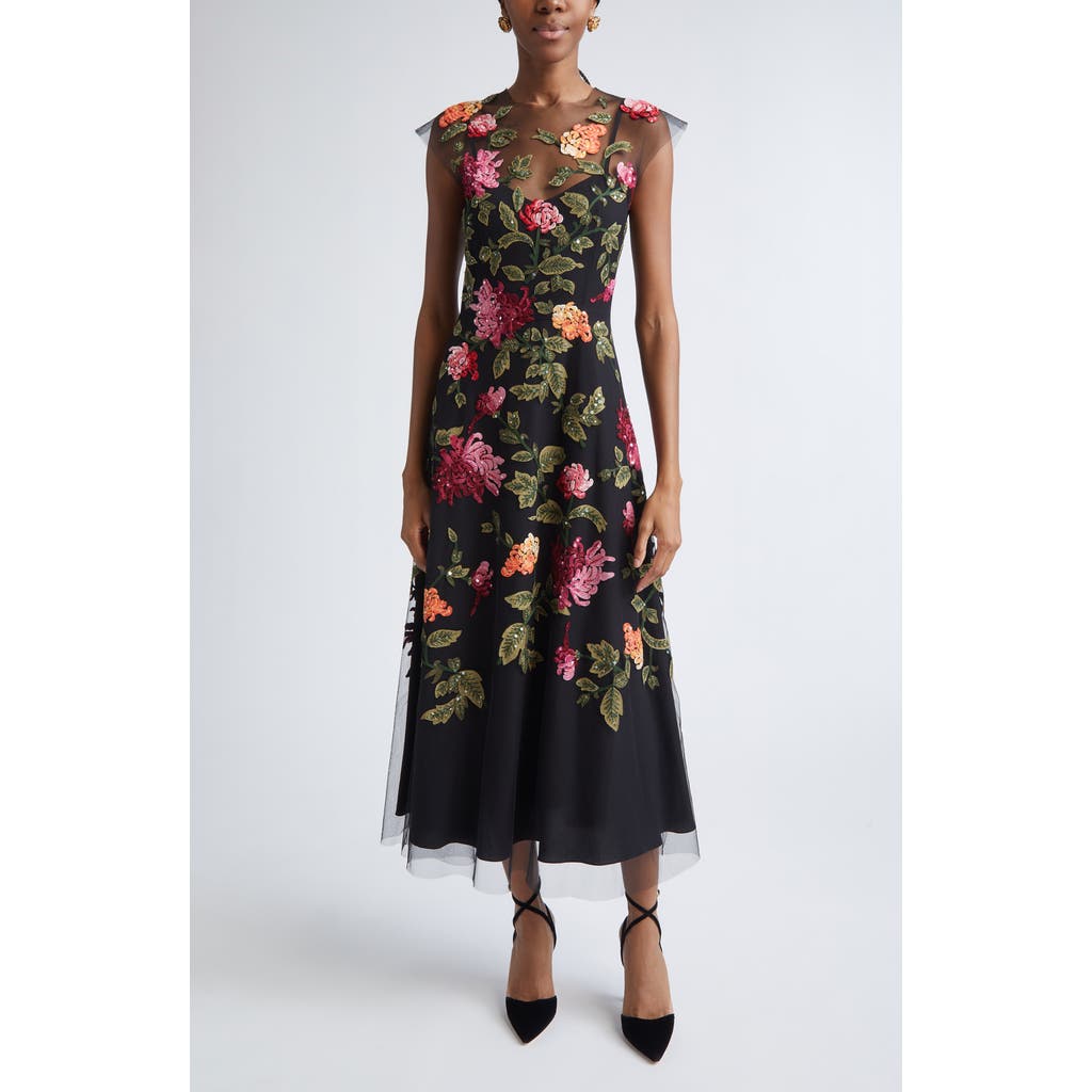 Carolina Herrera Chrysanthemum Embroidered Tulle Overlay Midi Dress In Multi