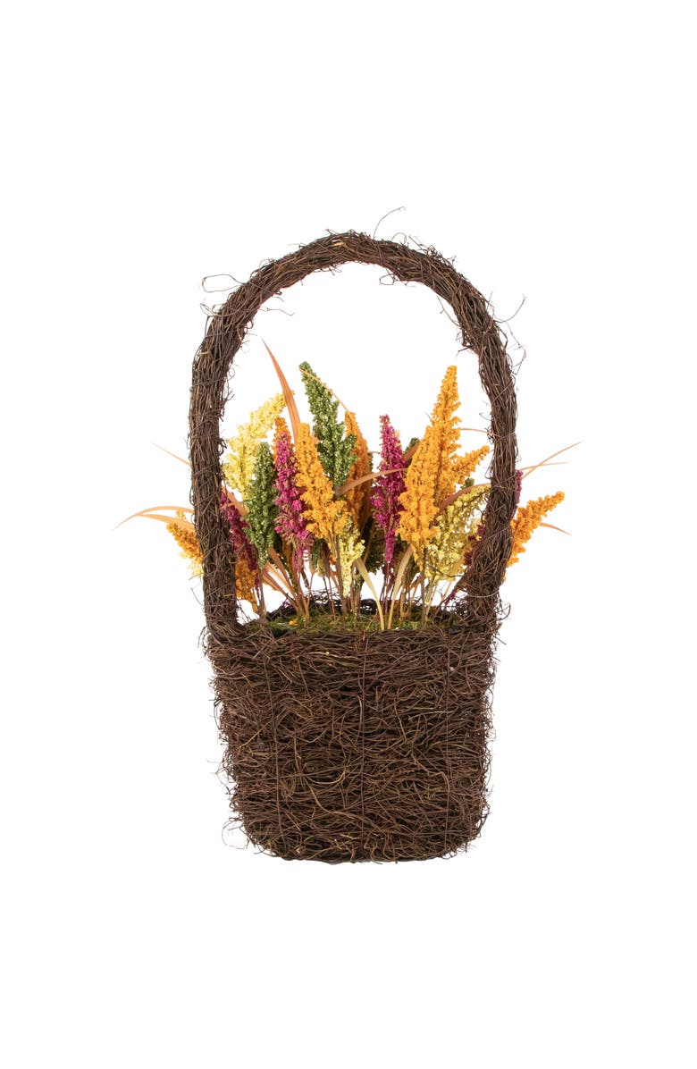 Northlight Autumn Harvest Hanging Basket with Artificial Foliage and Checkered Bow - 22", Alternate, color, Orange