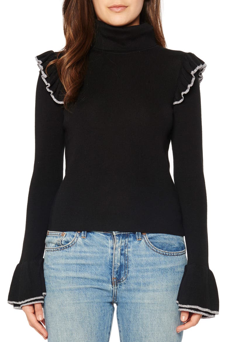 Ruffle Bell Sleeve Turtleneck, Main, color, BLACK