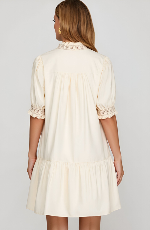 Modenaire Smocked Sleeve Mini Dress With Embroidered Neckline And Tiered Hem In White