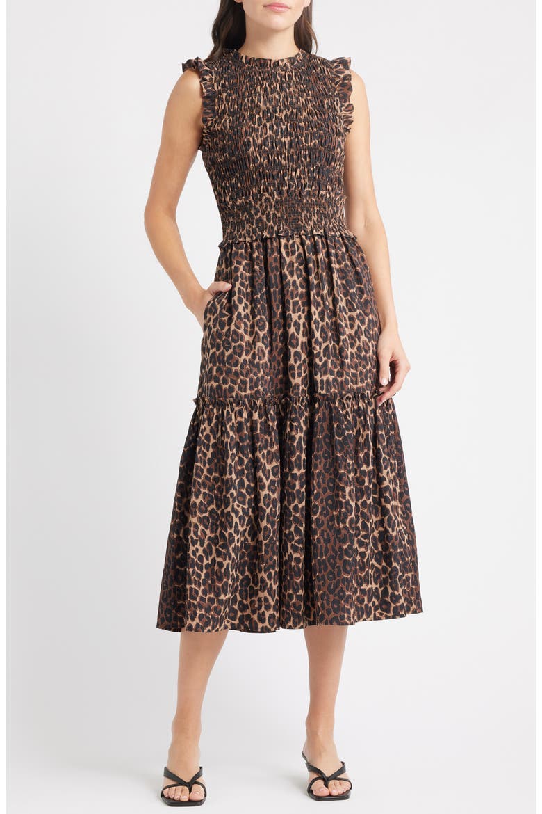 Vivier Leopard Print Smocked Midi Dress, Main, color, BROWN NALA