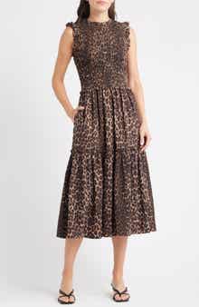 Rails Vivier Leopard Print Smocked Midi Dress
