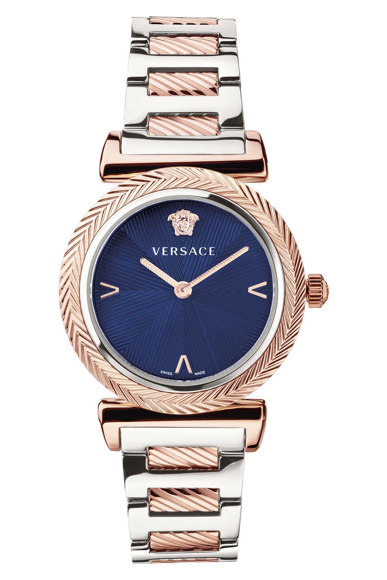 V-Motif Two-Tone Stainless Steel Bracelet Watch, 35mm, Main, color, BLUE/TWO TONE