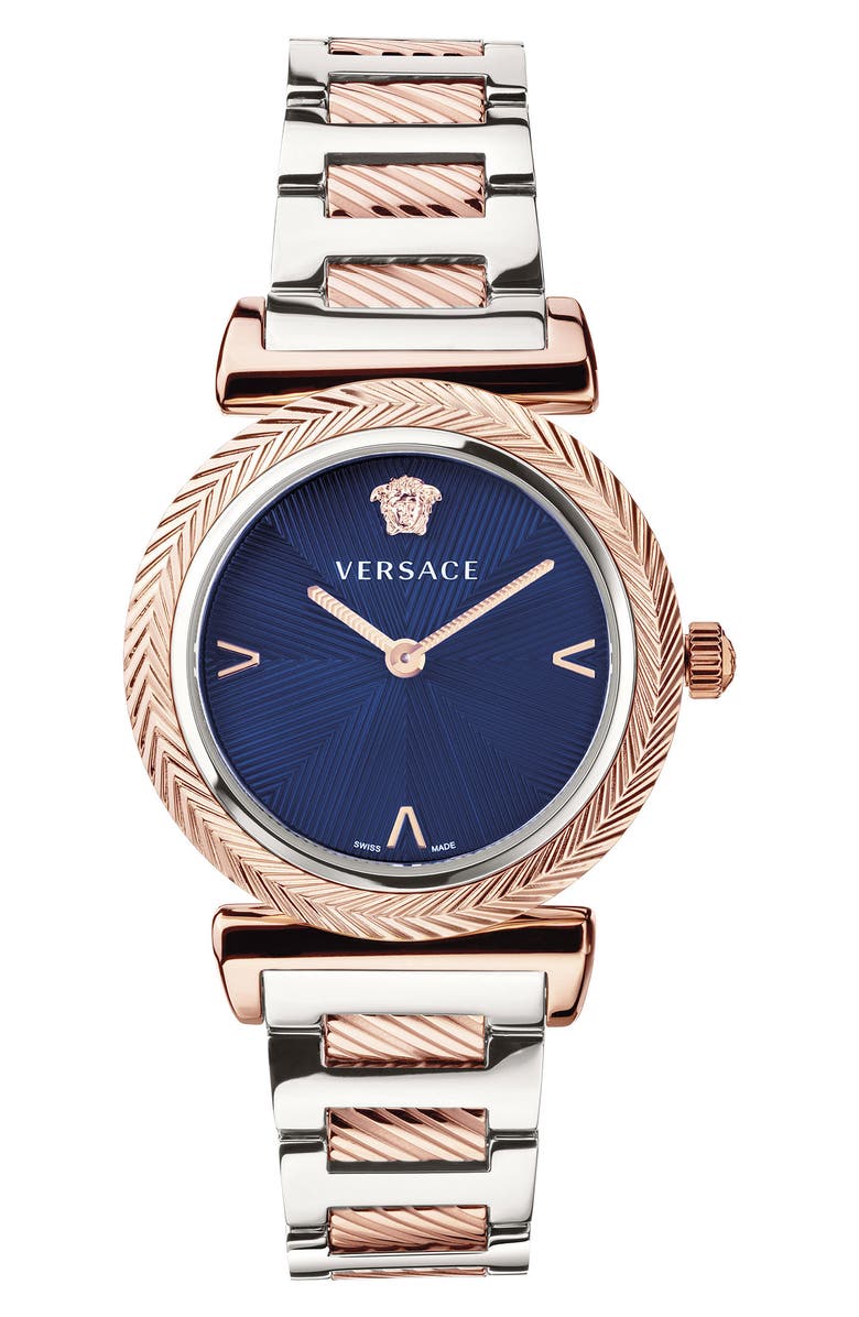 Versace V-Motif Two-Tone Stainless Steel Bracelet Watch, 35mm, Main, color, Blue/Two Tone