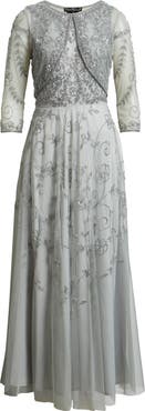 Pisarro Nights Beaded Mesh Gown with Jacket