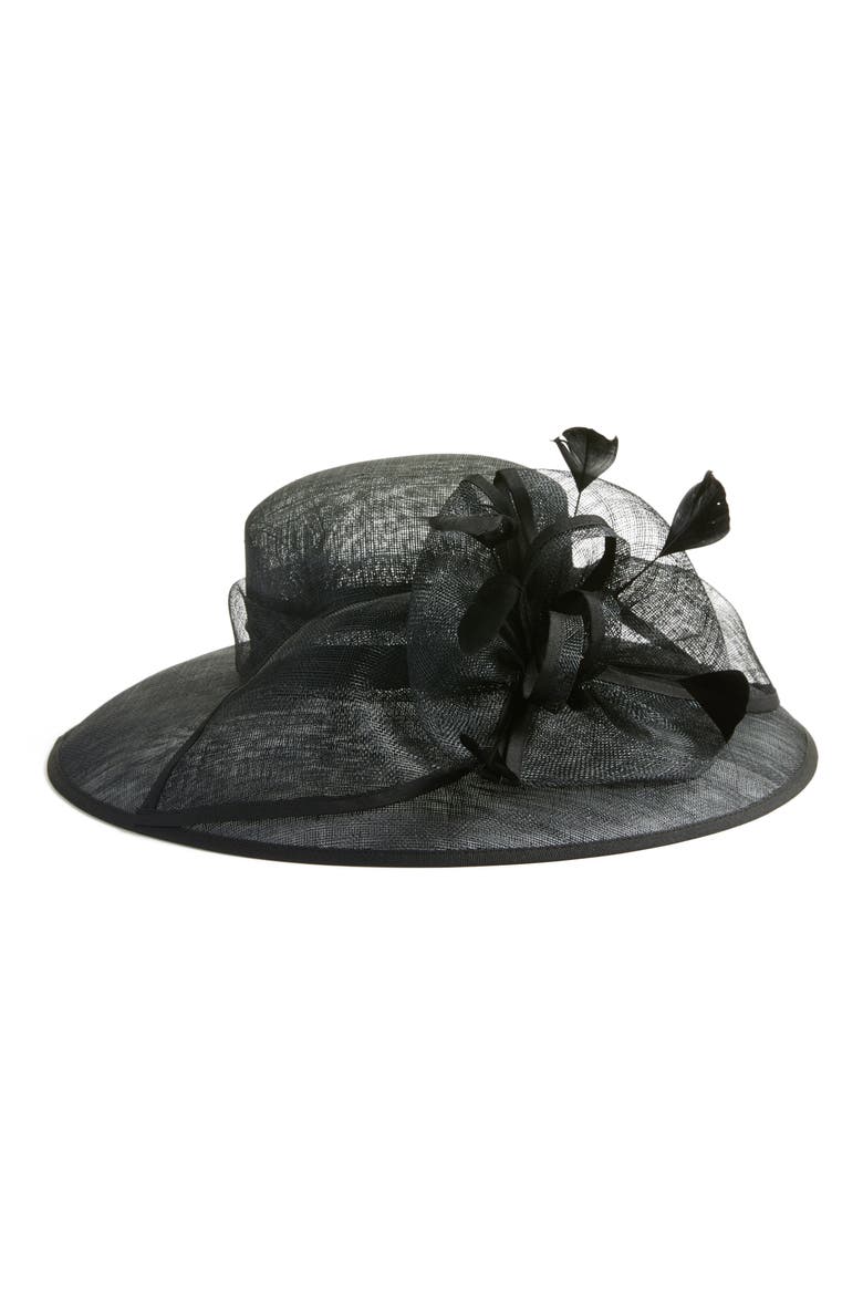 Feathered Sinamay Hat, Main, color, BLACK