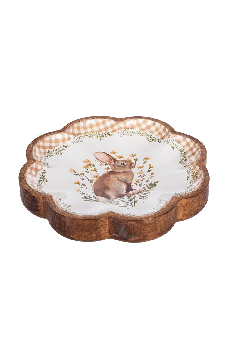 Plaid Tulip Flowers & Garden Bunny Decorative Spring Wooden Tray 8.66", Alternate, color, Brown