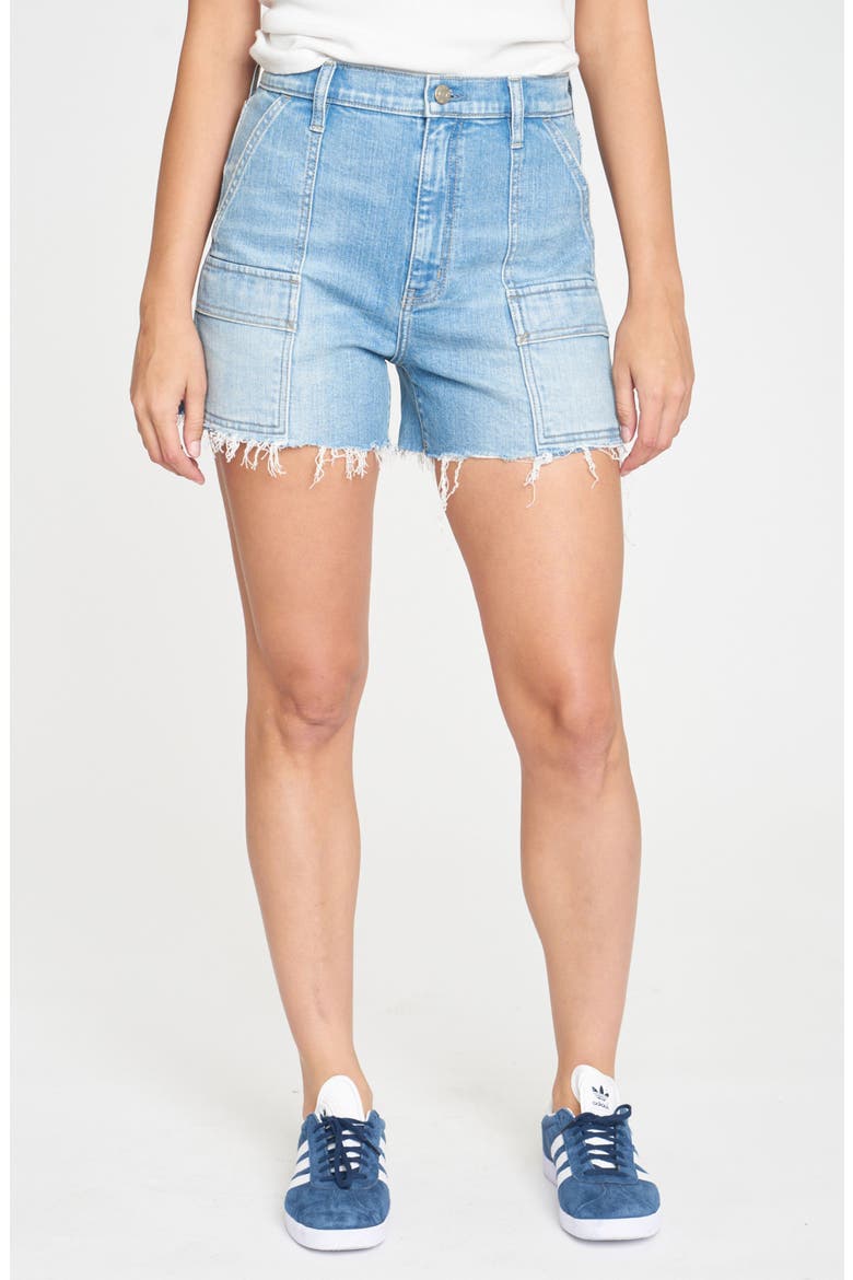 The Knockout High Waist Cargo Denim Cutoff Shorts, Main, color, CLARITY