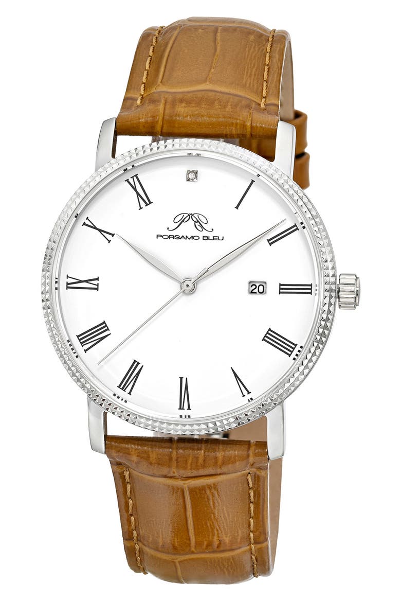 Veritas 1 Croc Embossed Leather Strap Watch, 40mm, Main, color, SILVER/ WHITE