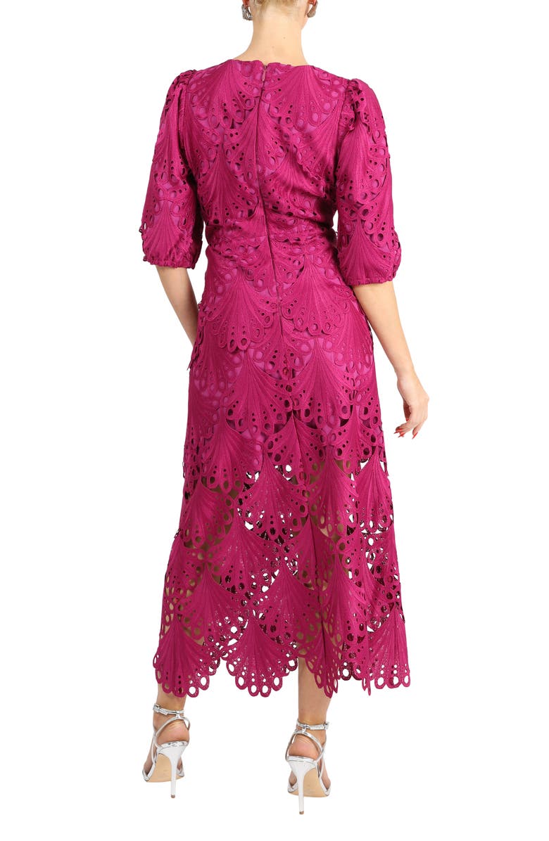Adelyn Rae Kinsley Puff Sleeve Lace Midi Dress, Alternate, color, Berry