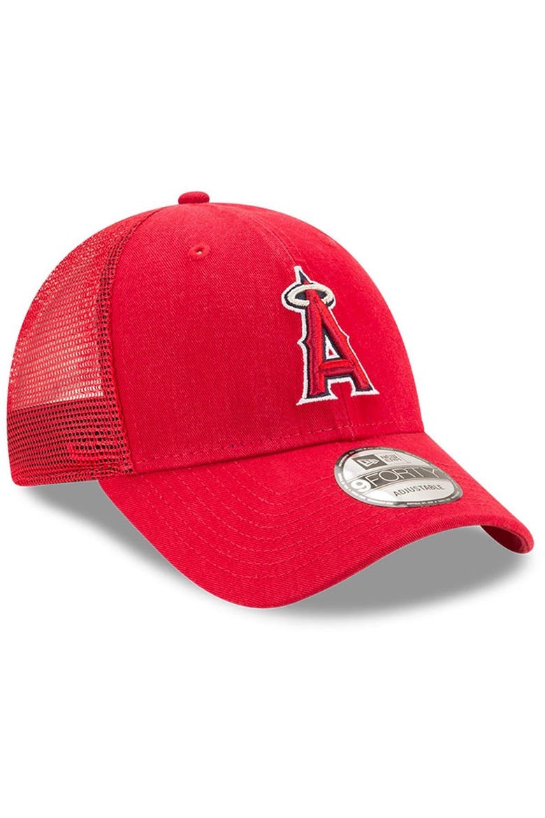 Men's New Era Red Los Angeles Angels Trucker 9FORTY Adjustable Snapback Hat, Alternate, color, RED