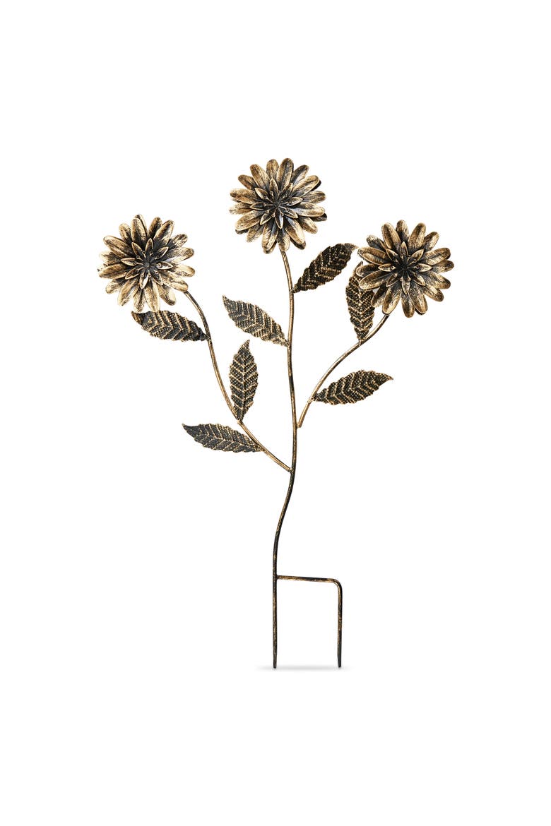 Three Flowers Plant Stake Antique Brass Iron Spring, Main, color, Gold