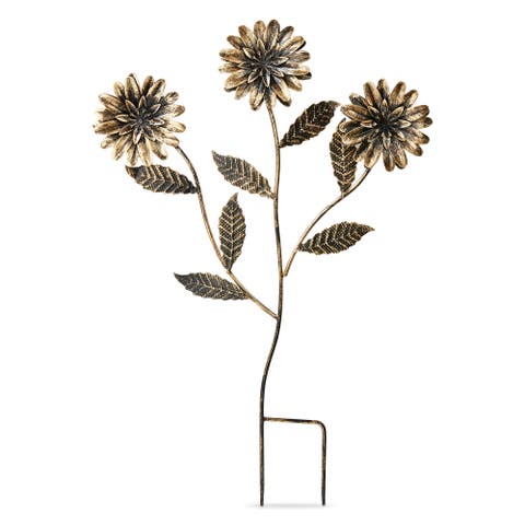 Three Flowers Plant Stake Antique Brass Iron Spring