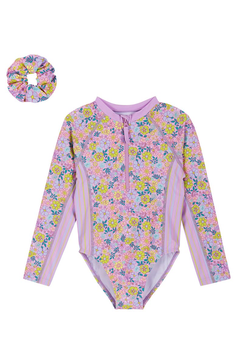 Andy & Evan Kids' Print Long Sleeve One-Piece Rashguard Swimsuit & Hair Tie Set, Alternate, color, Purple Mix