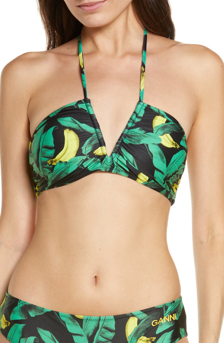 Ganni Tropical Print Ruched Bikini Top, Main, color, 