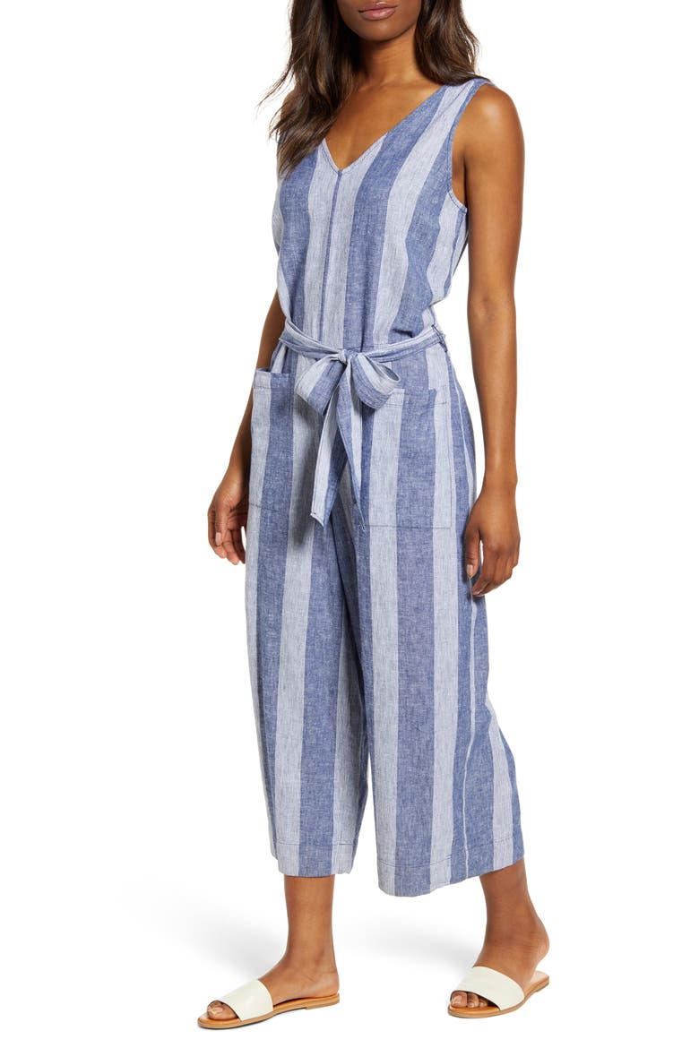 Lennon Tie Waist Linen & Cotton Jumpsuit, Main, color, BARRE CLASS