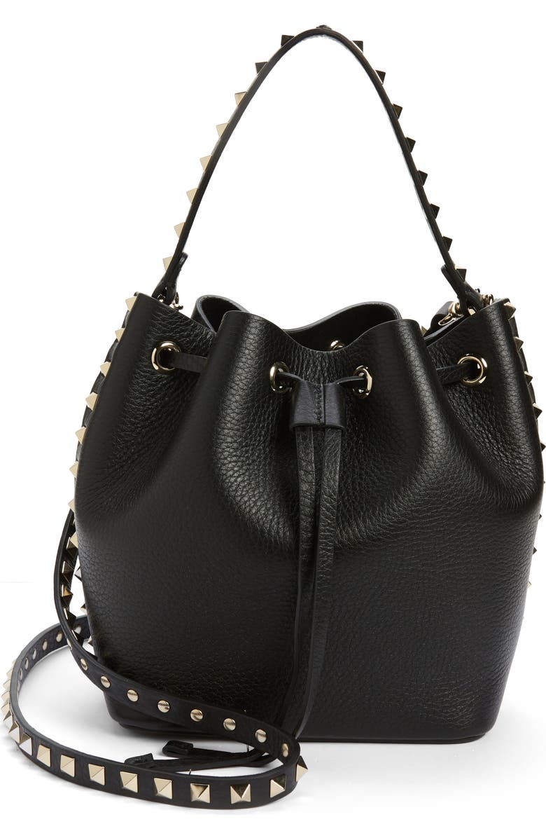 Valentino Garavani Rockstud Leather Bucket Bag, Main, color,