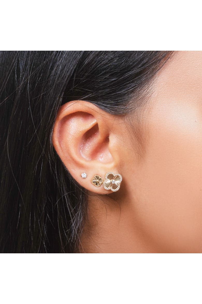 Fluted Gold Diamond Accent Clover Stud Earrings, Alternate, color, Yellow Gold