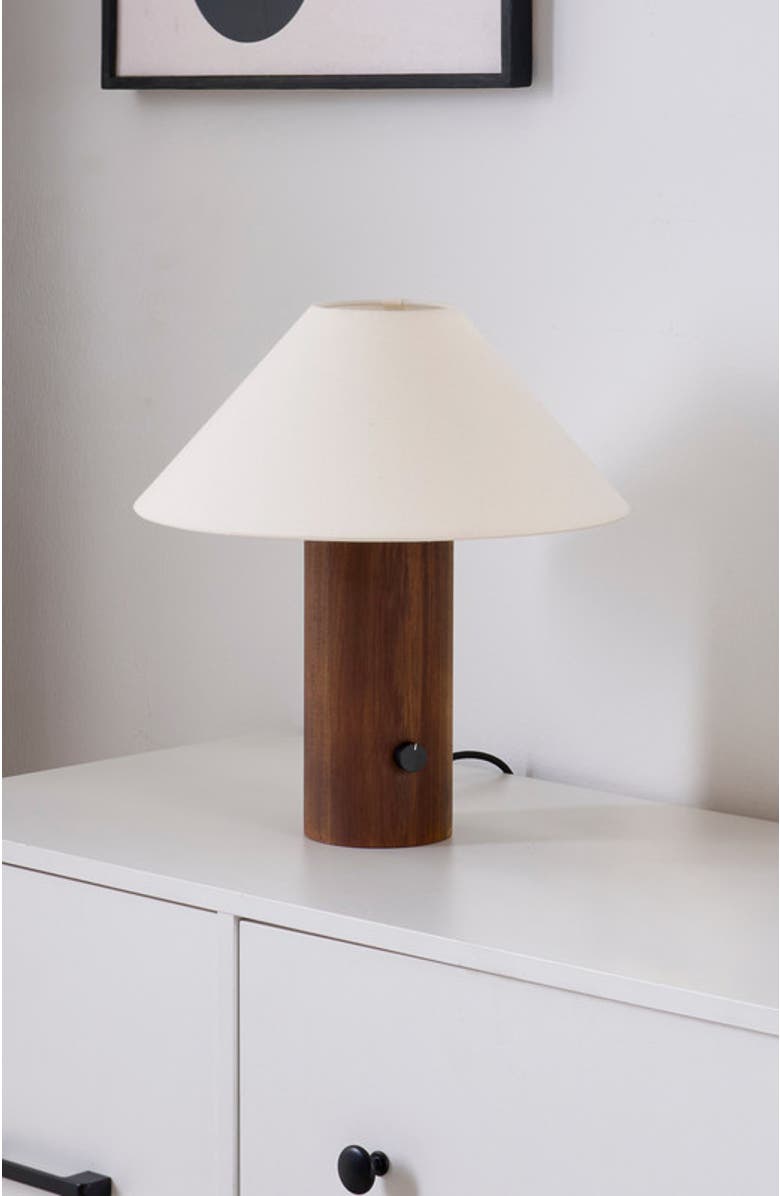 Brightech Oakley 13" Modern LED Walnut Wood Table Lamp with Cream Fabric Shade, Bulb Included, Alternate, color, Walnut