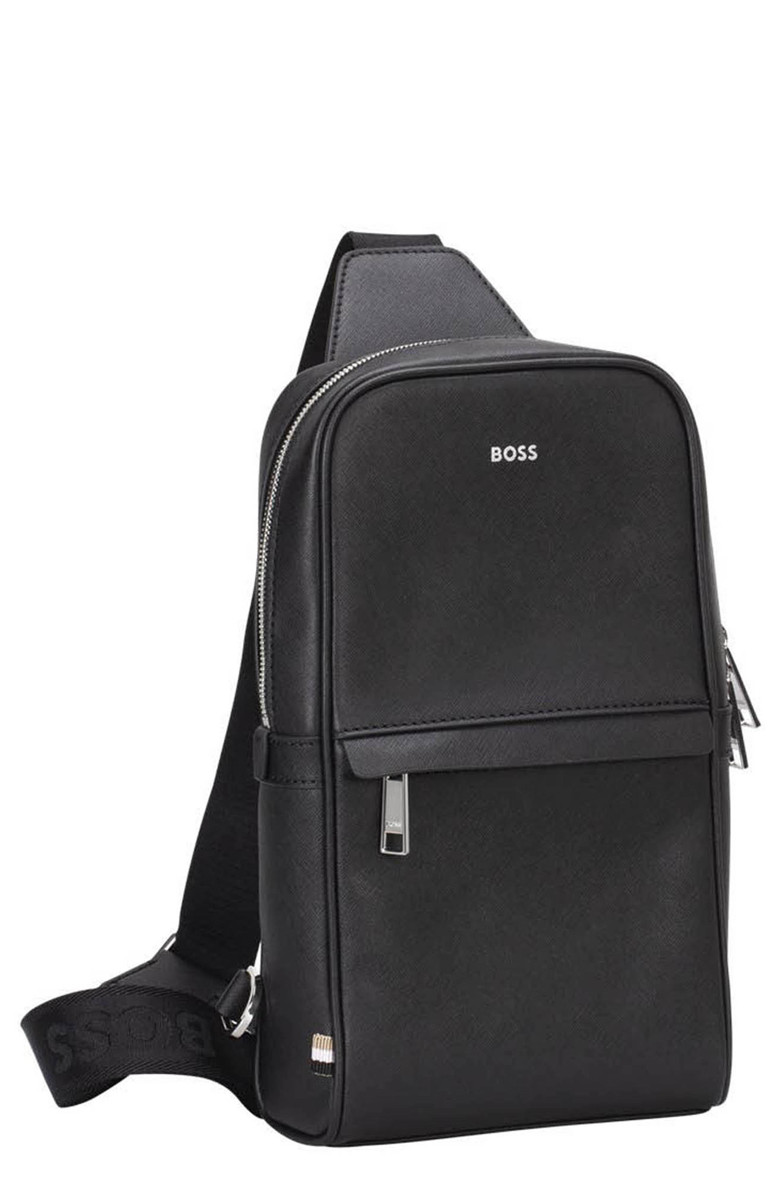 BOSS Zair Bonded Leather Sling Bag, Main, color, 