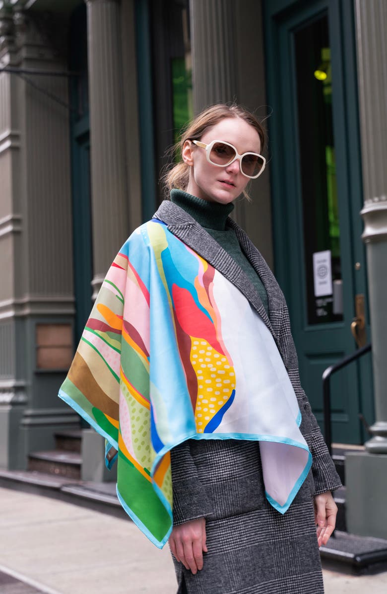 Jessie Zhao New York Double Sided Silk Scarf Of Ocean Breeze, Alternate, color, Blue