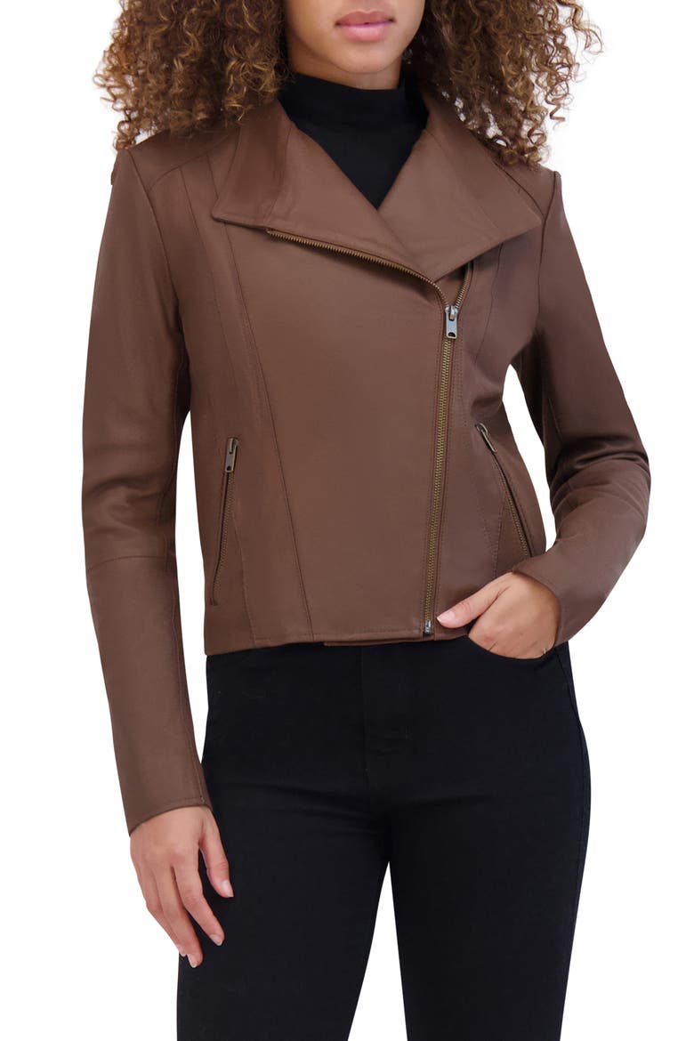 Felix Leather Crop Moto Jacket, Main, color, SEPIA