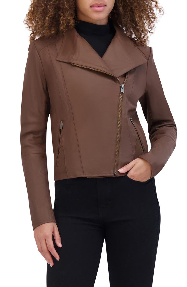 Andrew Marc Felix Leather Crop Moto Jacket, Main, color, Sepia
