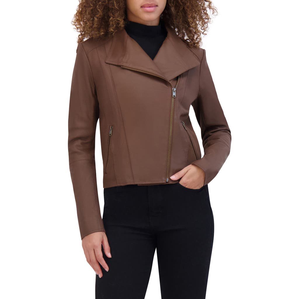 Andrew Marc Felix Leather Crop Moto Jacket In Brown
